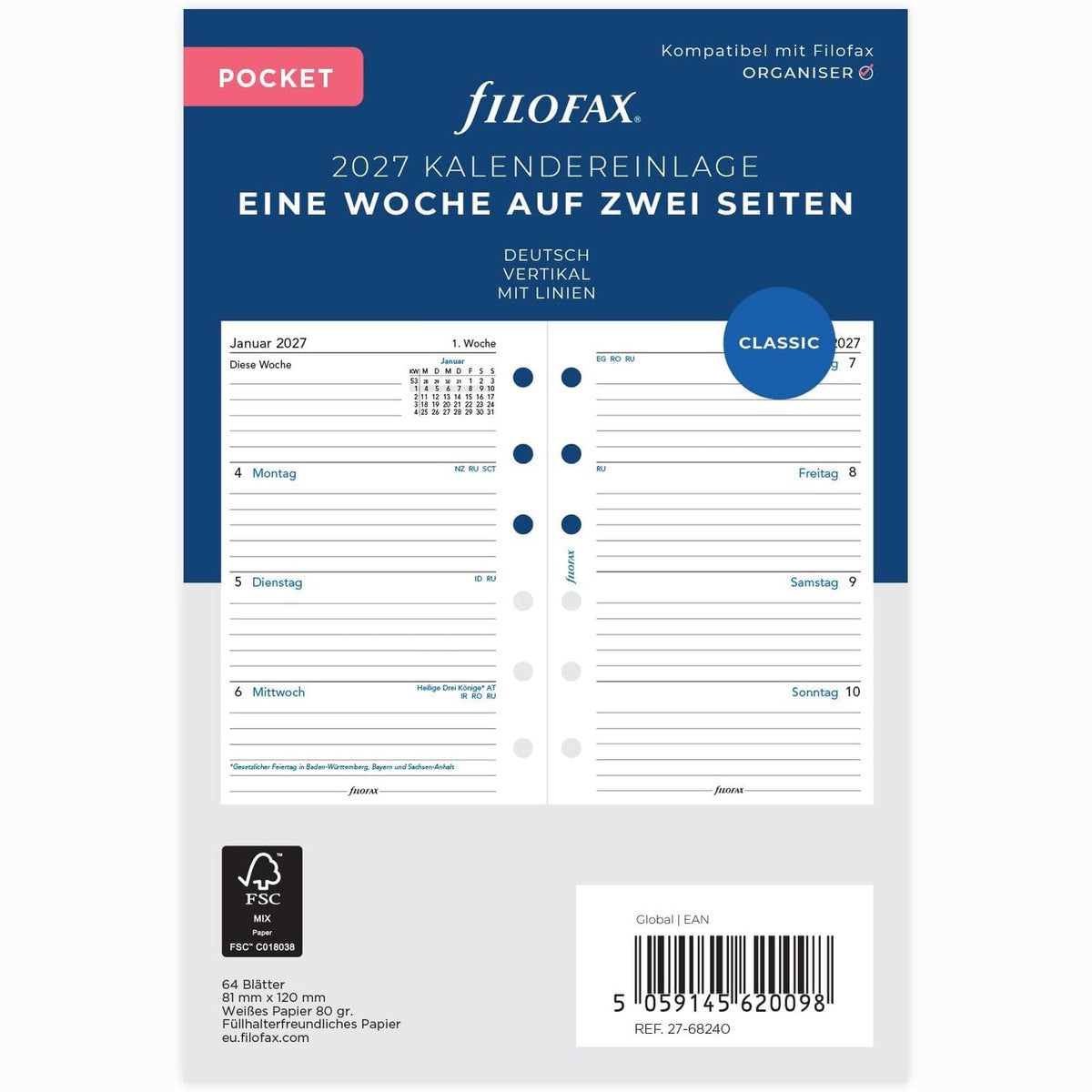 309130 - Filofax - Kalendar Xhepi, 1 Javë në 2 Faqe, Vertikal, Gjermanisht 2027