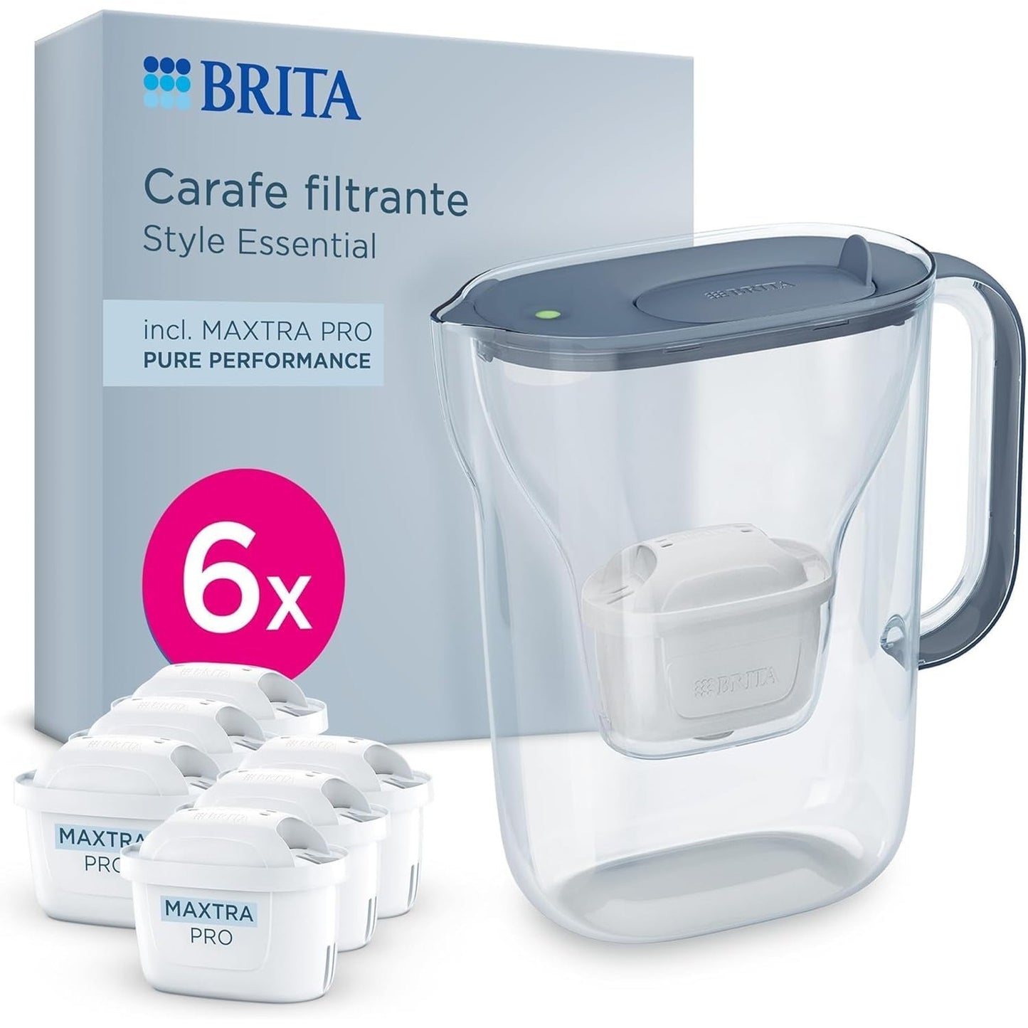231521 - BRITA Essential Style Blue Enë filtri uji 2.4L me 6 filtra MAXTRA PRO, tregues i dritës inteligjente, zvogëlon papastërtitë dhe metale