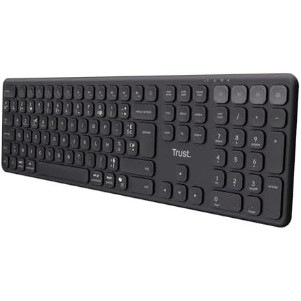 189192 - TRUST VAIYA - Tastierë Bluetooth pa tel, AZERTY Frëngjisht, E Rikarikueshme, Me Tastierë Numerike, 55% Plastikë e Ricikluar, E Përshtatshme për Windows, iOS, iPadOS, macOS, Android, Ngjyra e Zezë