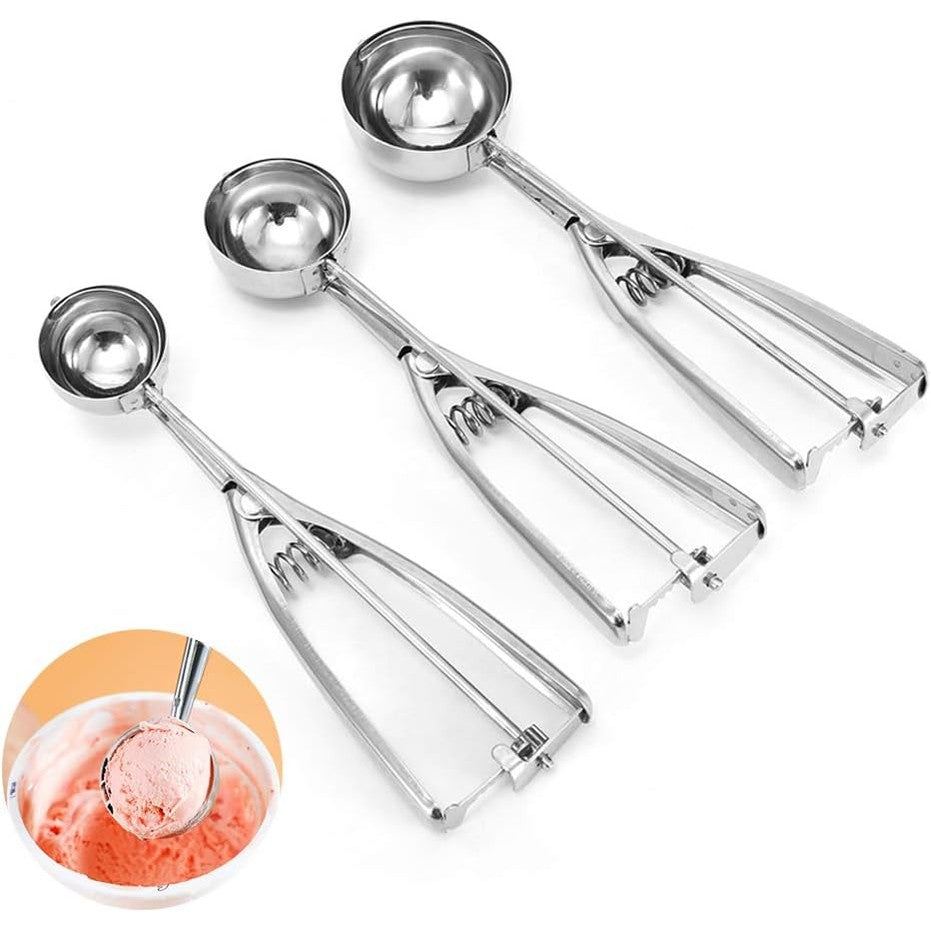 216779 - Lugë akulloreje prej çeliku inox, set me 3 lugë për biskota, lugë akulloreje prej çeliku inox me shkrepëse për akullore, biskota, ëmbëlsira dhe brumë