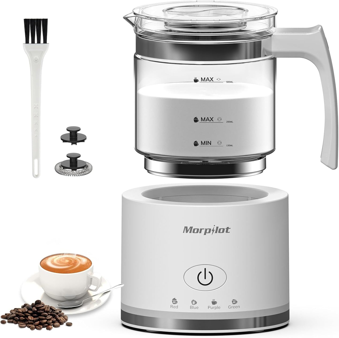 255223 - MORPILOT Shkumëzues Qumështi Elektrik 4-në-1, 600W, 500ml, i përshtatshëm për lavastovilje, dizajn latte, xham vizual, i bardhë