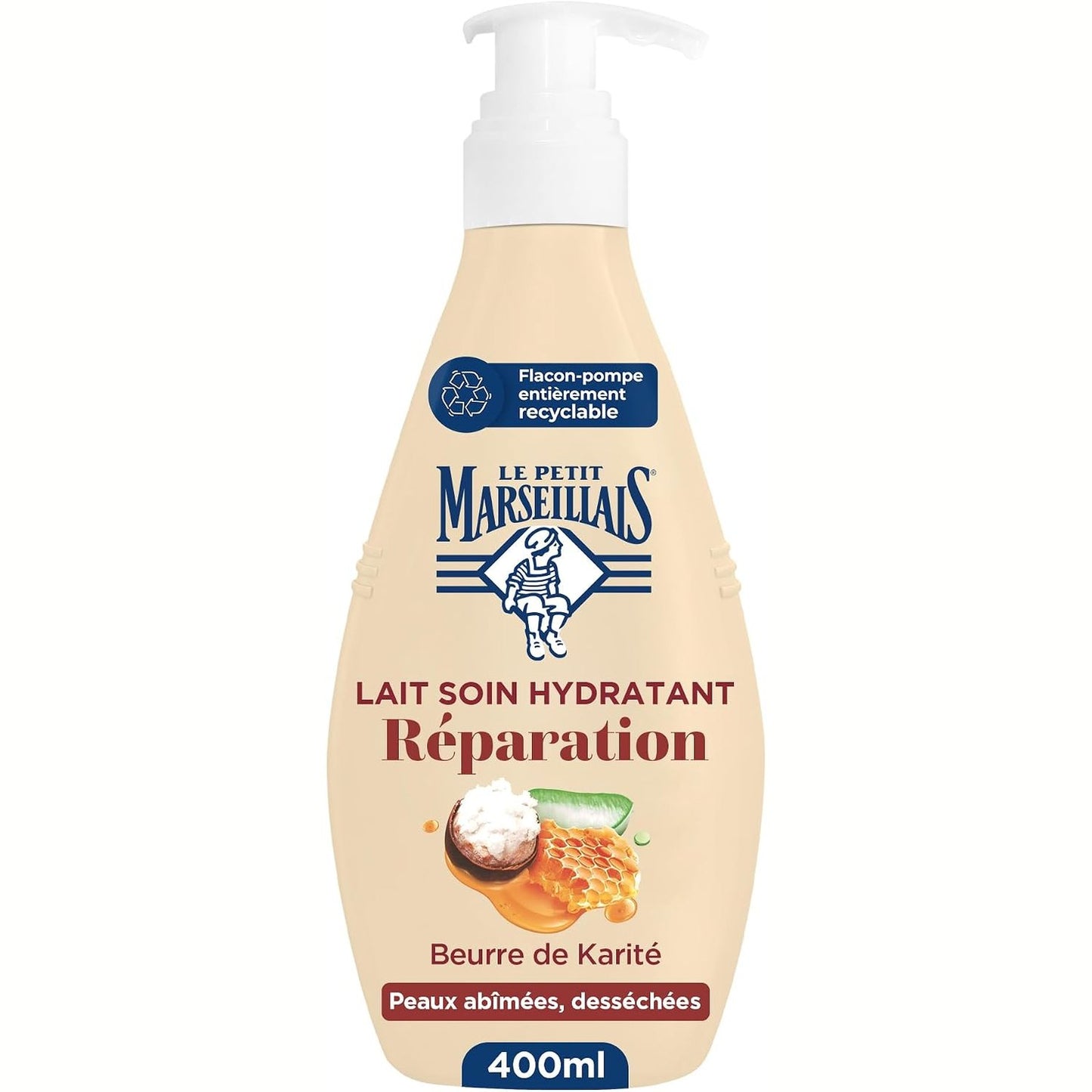 290503 - LE PETIT MARSEILLAIS Losion Trupi Hidratues Riparues, 400 ml, për Lëkurë të Dëmtuar dhe të Tharë, Hidratim 24-orësh, me Gjalpë Shea, Aloe dhe Dyllë Blete