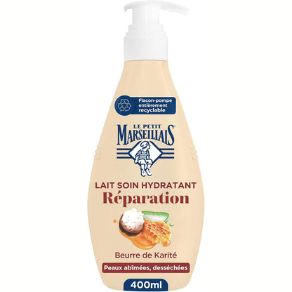 290503 - LE PETIT MARSEILLAIS Losion Trupi Hidratues Riparues, 400 ml, për Lëkurë të Dëmtuar dhe të Tharë, Hidratim 24-orësh, me Gjalpë Shea, Aloe dhe Dyllë Blete