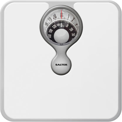 300929 - SALTER Peshore mekanike banjoje 484 WHDR, Maks. 133 kg, Ekran i lehtë për t’u lexuar, Analoge, E bardhë