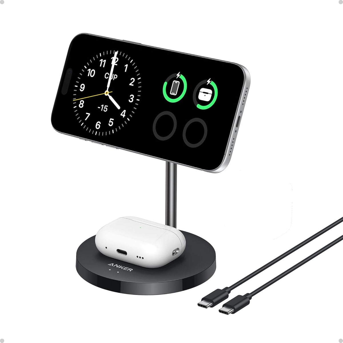 295200 - ANKER Karikues MagGo 15W i pajtueshëm me MagSafe, Stacion karikimi induktiv 2-në-1, Karikues pa tel Qi2 për iPhone 17/16/15/14/13/12, AirPods Pro, me kabllo USB-C 1.5m, pa adaptor energjie