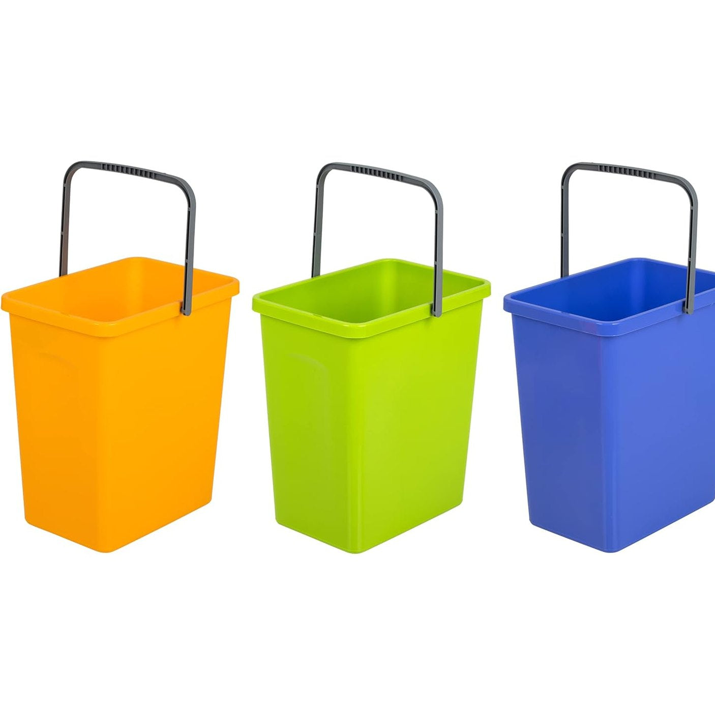 256074 - BRANQ Set universal prej 3 shportash për ndarjen e mbeturinave, dorezë praktike, material pa BPA, 17.5x26x29 cm, i verdhë/jeshil/blu