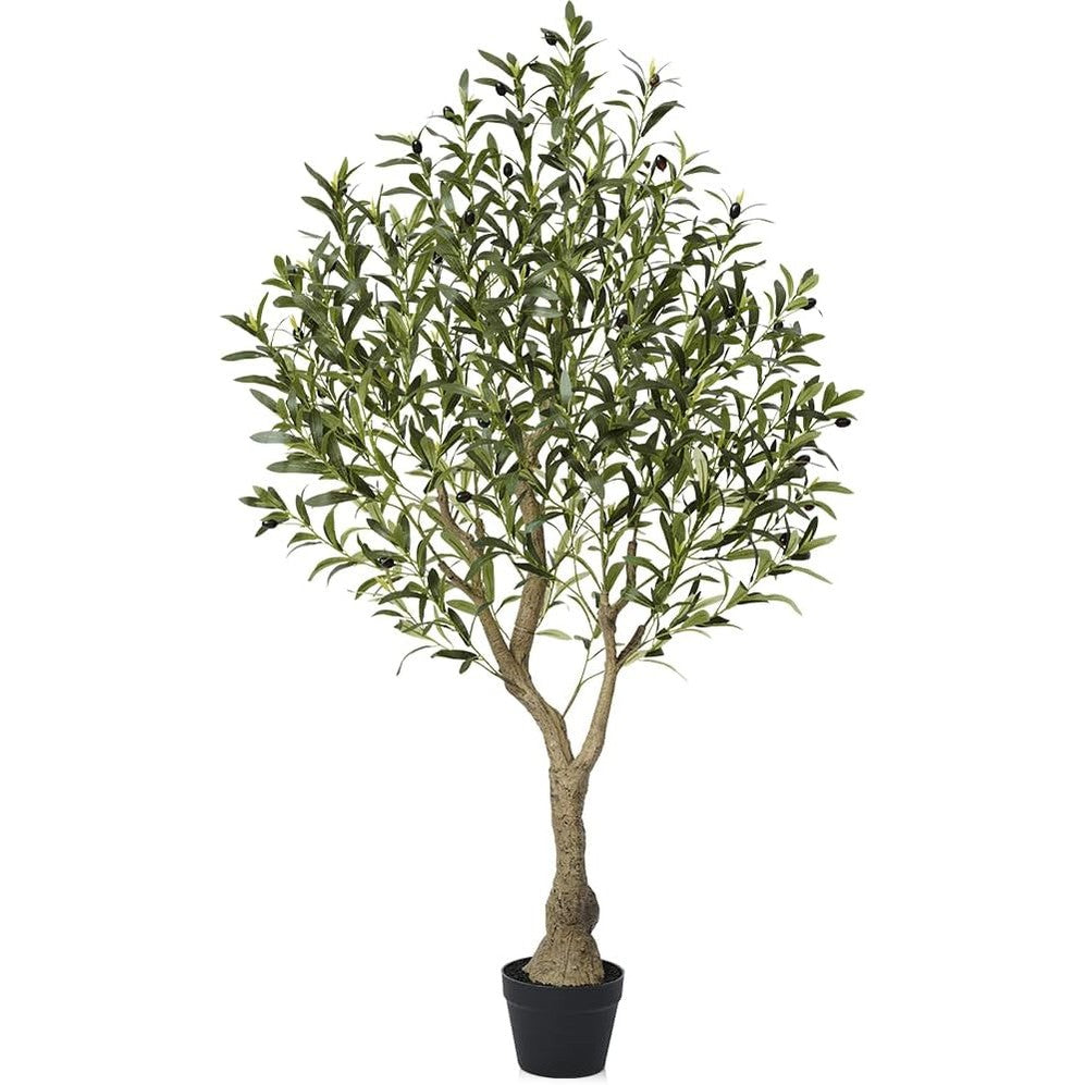 255179 - VERINATURAL Bimë ulliri artificiale 150cm e rreme për përdorim të brendshëm dhe të jashtëm me 1012 gjethe dhe 48 fruta, Pemë dekorative rezistente ndaj rrezeve UV me degë të rregullueshme në vazo të zezë
