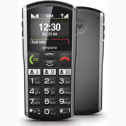 309652 - EMPORIA Telefon celular SIMPLICITY, ekran me ngjyra 2 inç, butona të mëdhenj, buton SOS, stacion karikimi, M4/T4, i pajtueshëm me aparate dëgjimi, Bluetooth, i zi