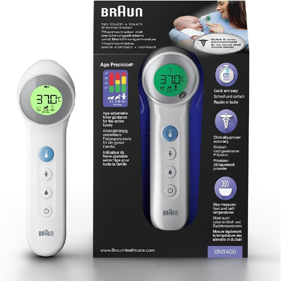 301868 - BRAUN Termometër Healthcare BNT400EE pa prekje + me prekje | Saktësi moshe