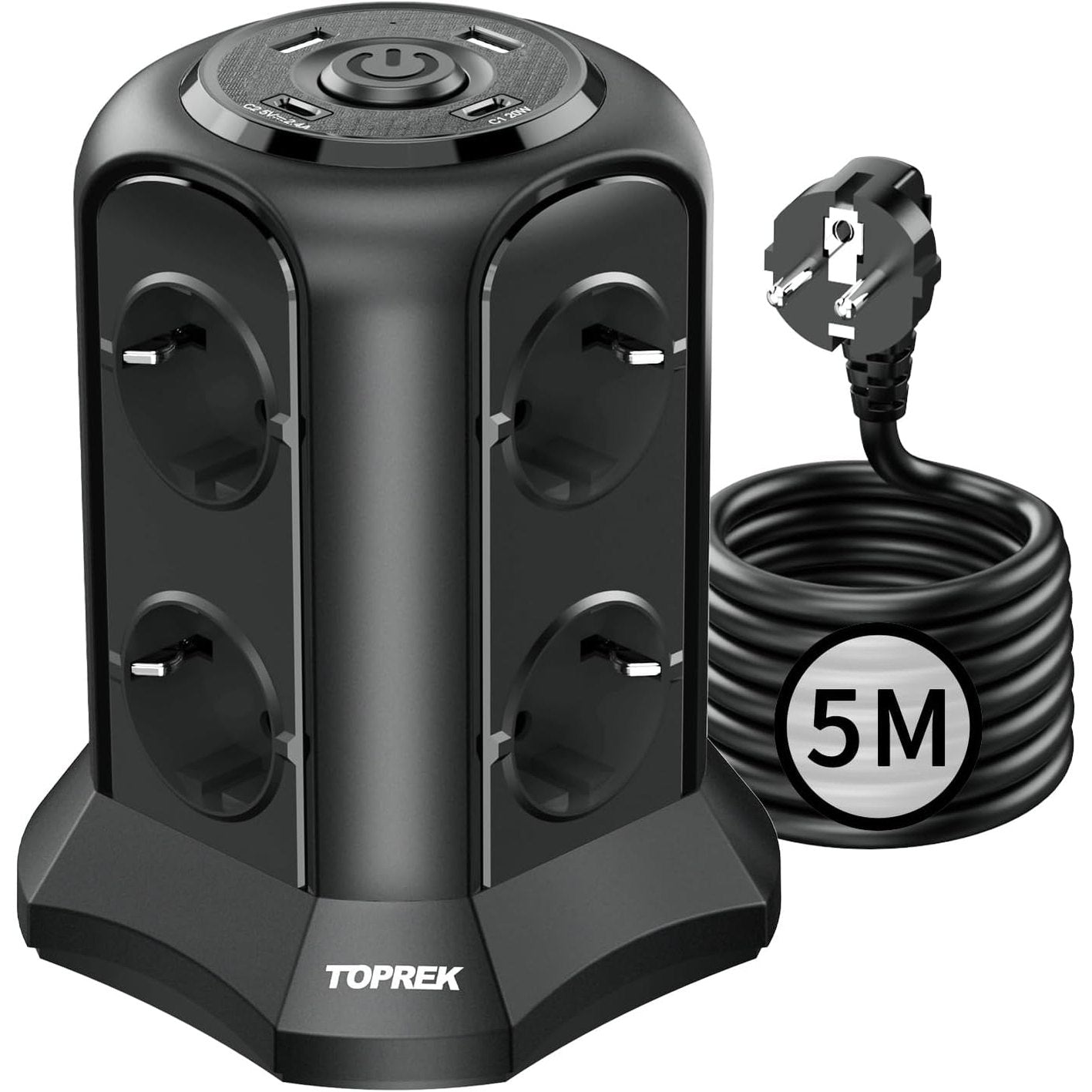 273508 - Shirit rryme me 4 porta USB, karikim i shpejtë USB-C, 3680W/16A, 8 priza, mbrojtje nga mbitensionet, kub shpërndarjeje energjie me kabllo zgjatuese 5M, i zi