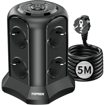273508 - Shirit rryme me 4 porta USB, karikim i shpejtë USB-C, 3680W/16A, 8 priza, mbrojtje nga mbitensionet, kub shpërndarjeje energjie me kabllo zgjatuese 5M, i zi