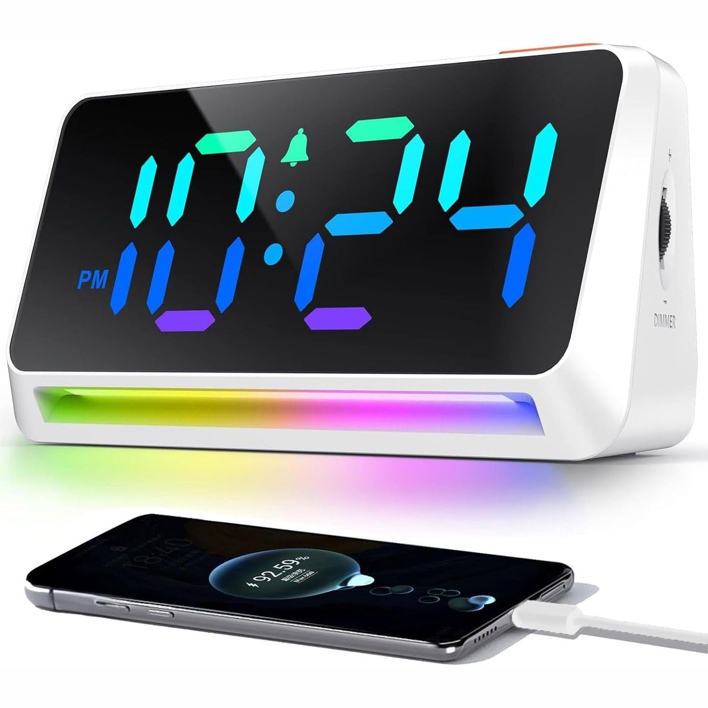 215389 - YSYYEY Orë alarmi dixhitale me ekran LED RGB, alarm shumë i lartë (95dB) për ata që flenë thellë, orë alarmi pranë shtratit me prizë dhe dritë nate, portë karikimi USB dhe shkëlqim i rregullueshëm