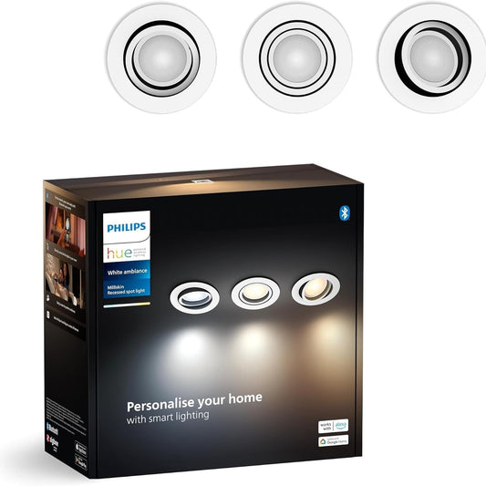 199068 - PHILIPS Hue Milliskin Drita Fokusuese, e Bardhë Ambient, Pako 3 copë, 400 lm / 70 mm, Dritë e Ngrohtë deri në të Ftohtë, e Kontrollueshme nga Aplikacioni, e Pajtueshme me Alexa (Echo, Echo Dot), Gjenerata e Re
