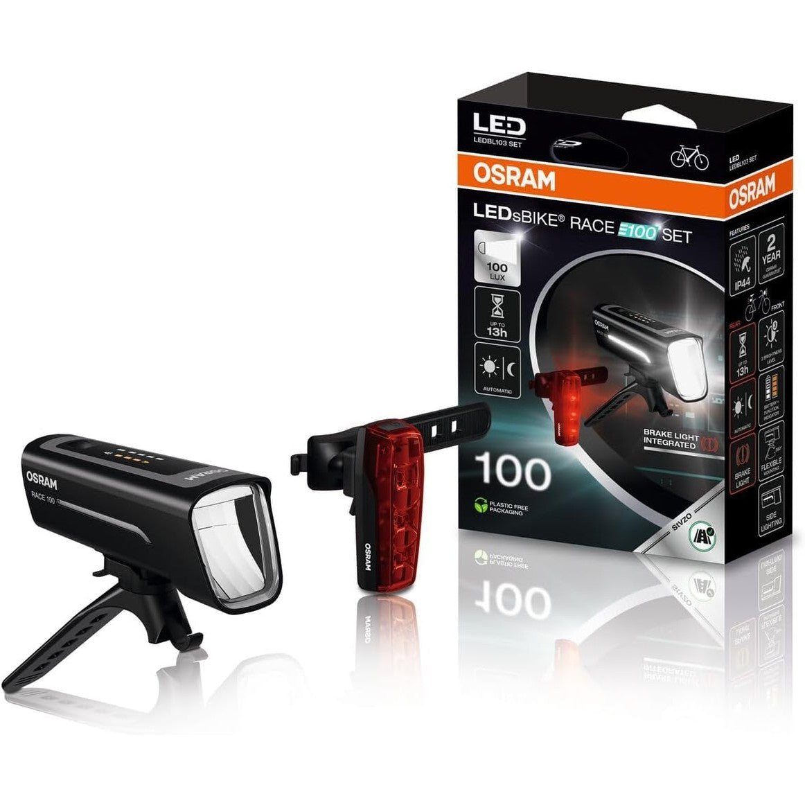 313126 - OSRAM LEDSBIKE Race 100, set dritash për biçikletë të rikarikueshme, set dritash LED përpara dhe prapa të miratuara nga StVZO me dritë freni, mënyra të shumta ndriçimi, tre nivele ndriçimi, 100 luks