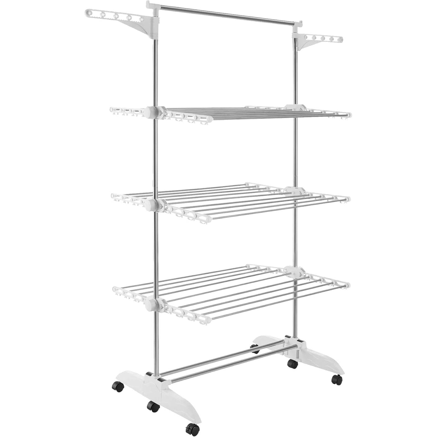 170043 - PORTENTUM Raft Tharës i Palosshëm Rrobash - 14cm, 5 Nivele, 58 Grepa, Kapacitet 40kg, 24 Shufra Çeliku Inox, Me Rrota Rrotulluese Me Frena, Përdorim Brenda-dhe-Jashtë Ambienteve'