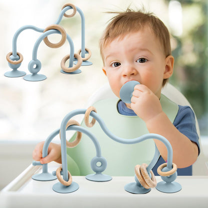 317714 - AiTuiTui Lodër për bebe me gotë thithëse, Lodër Montessori ndijore pa BPA prej silikoni dhe druri për 6-12 muaj (Blu)