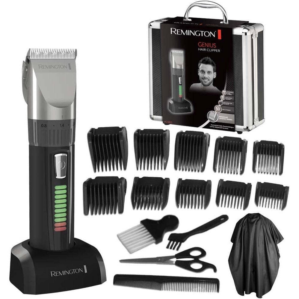 315786 - REMINGTON Makinë Prerëse Flokësh HC5811, Tehë Qeramike Vetëmprehëse 0.8-40 mm, Rregullim Preciz, Set Prerësish Flokësh me 10 Krehëra, Funksionim me Rrjet/Bateri, Litium, Kuti Alumini, Pelerinë Berberi