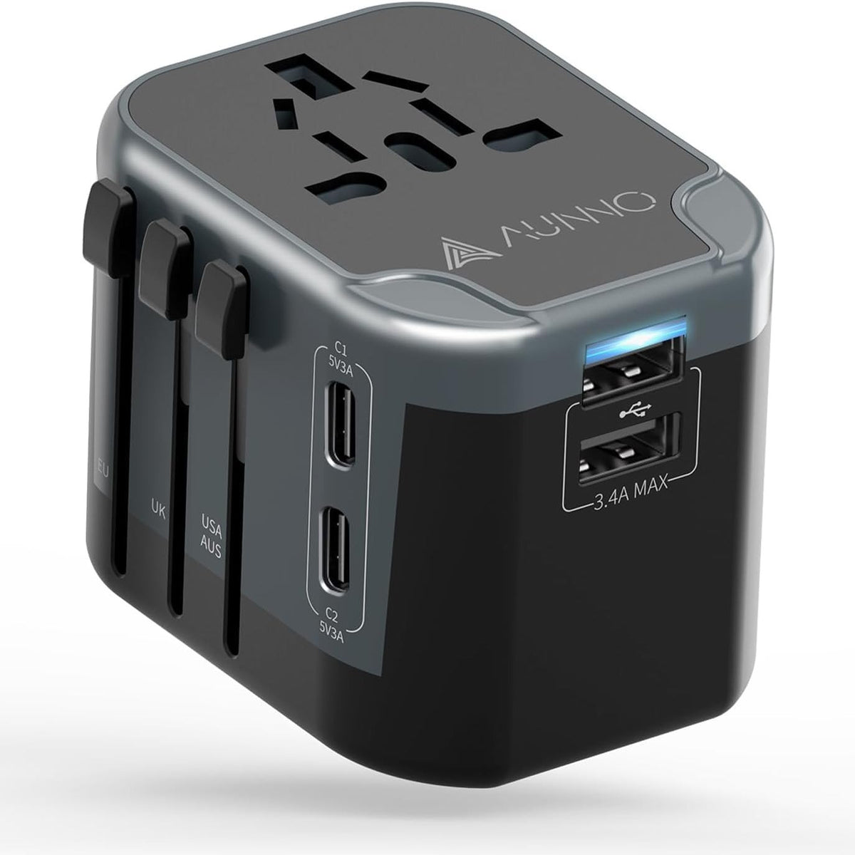 299715 - AUNNO Adaptues universal udhëtimi, 2 porta USB-C, 2 porta USB, siguresa të dyfishta, për BE, SHBA, Australi