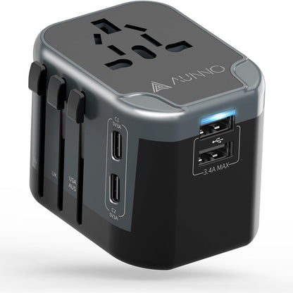 299715 - AUNNO Adaptues universal udhëtimi, 2 porta USB-C, 2 porta USB, siguresa të dyfishta, për BE, SHBA, Australi