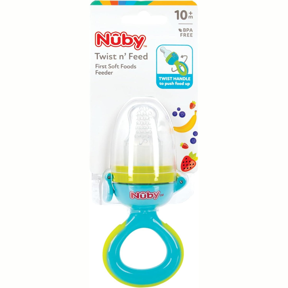 298840 - NUBY Twist n' Feed – Dispensues Ushqimi për Foshnja me Kapak Higjienik, Ushqim i Butë + Unazë Dhëmbësh për Foshnja, Silikon, Nxit Ushqyerjen e Pavarur, për foshnja 10+ muaj.