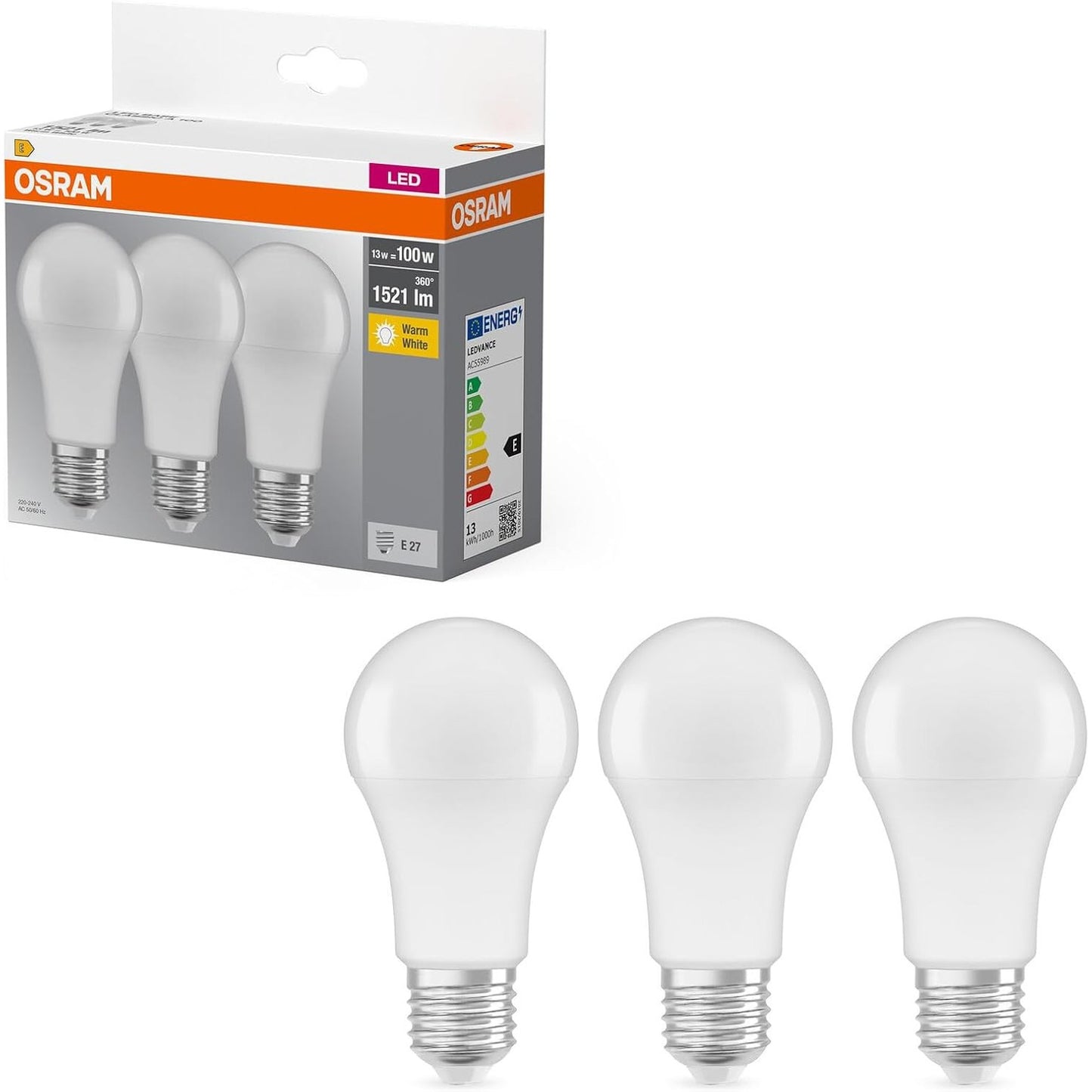 263793 - OSRAM LLAMBË LED BASE CLASSIC, E27, 100W zëvendësim, 2700 Kelvin, 3 copë