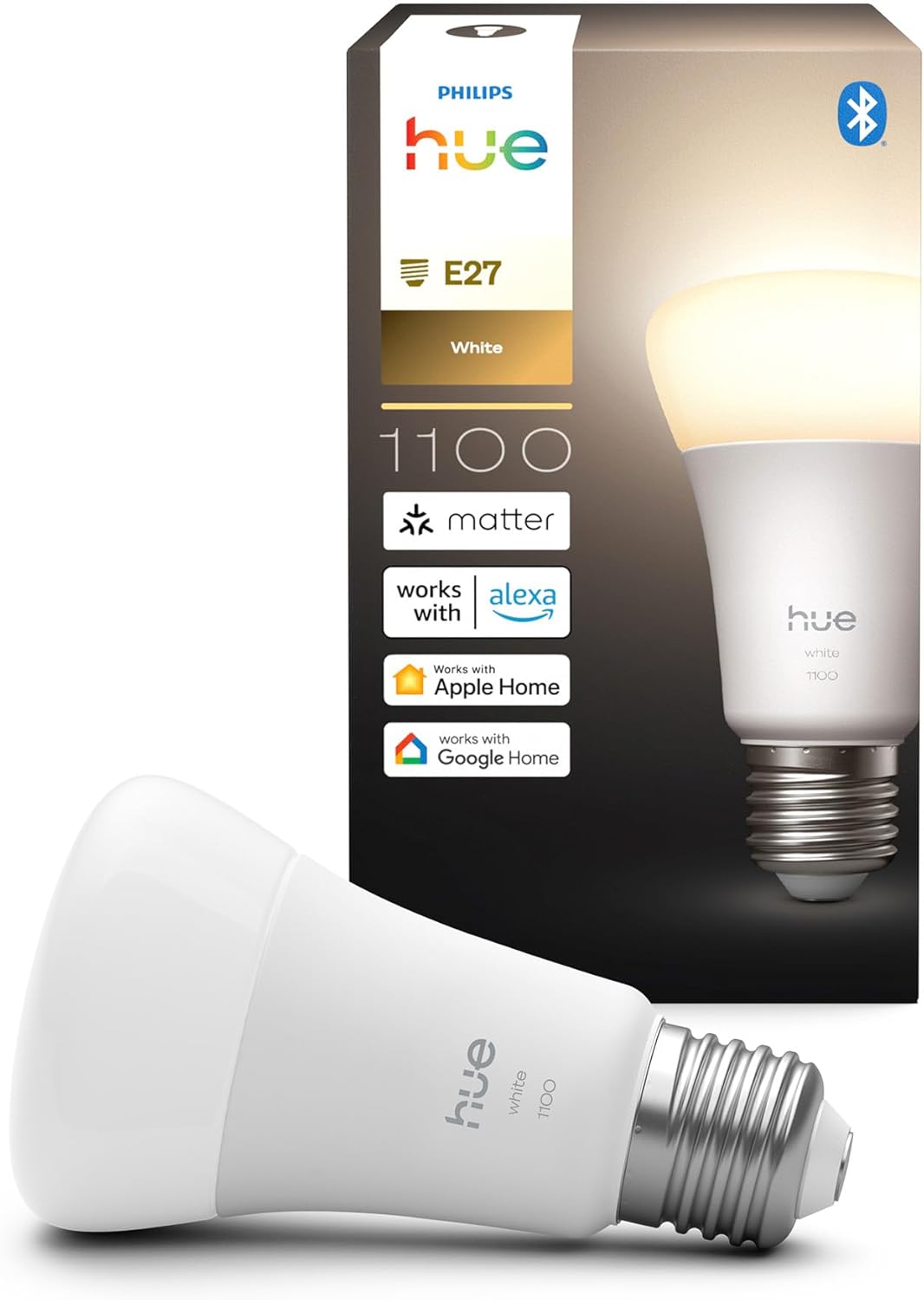 218761 - PHILIPS HUE Smart LED A60, dritë e bardhë e ngrohtë 2700K, prizë E27, 9.5 W, 1100 lumen, e pajtueshme me Alexa dhe Google Assistant, 1 pako