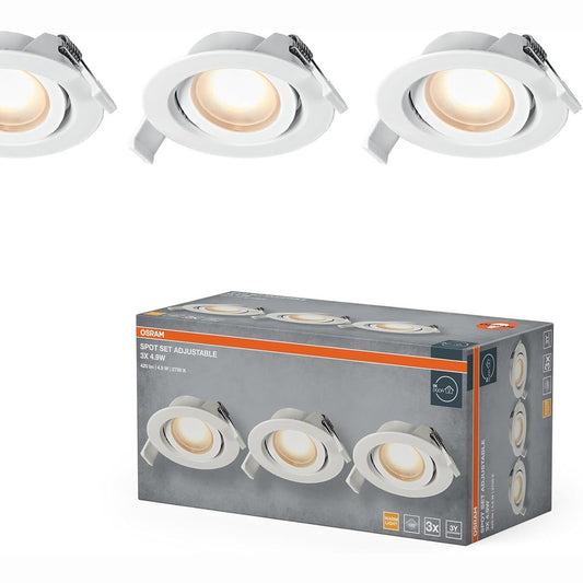 240167 - OSRAM Set ndriçuesish LED të futur në dritë, 4.9W, 220lm, 2700K, Spot tavani Ø90mm, 120°, i bardhë, i rrotullueshëm, Set me 3 copë