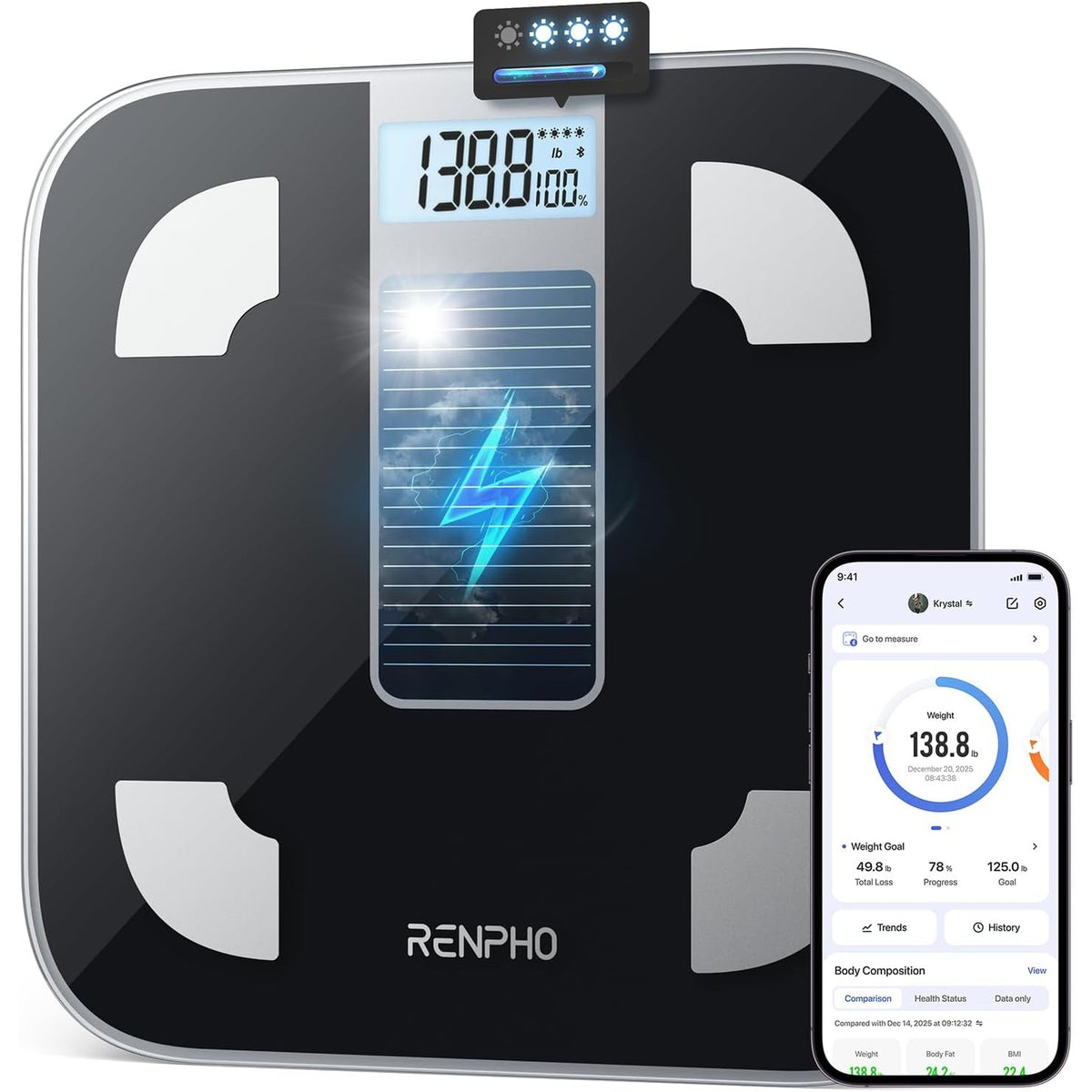 307514 - RENPHO Peshore për Trupin Diellor, Pa Bateri, Peshore Inteligjente Bluetooth me Aplikacion, 13 Analiza të Përbërjes së Trupit, Kapacitet 400 lb, E zezë, Elis