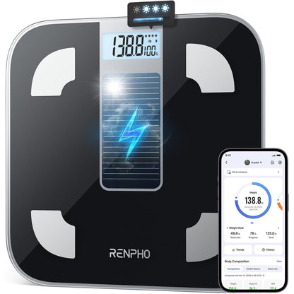 307514 - RENPHO Peshore për Trupin Diellor, Pa Bateri, Peshore Inteligjente Bluetooth me Aplikacion, 13 Analiza të Përbërjes së Trupit, Kapacitet 400 lb, E zezë, Elis