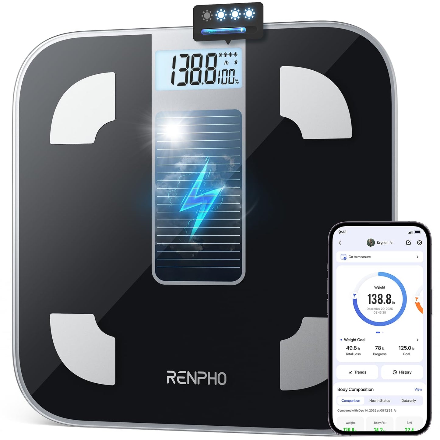316691 - RENPHO Peshore për Trupin Diellor, Pa Bateri, Bluetooth, Kapacitet 400 lb, E zezë
