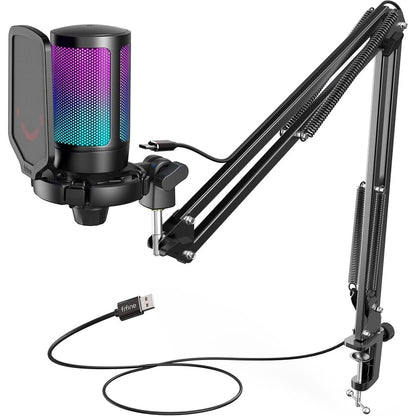 292593 - FIFINE Mikrofon Lojërash USB me Krah për PC PS4 PS5, Mikrofon Kondensues për Transmetim dhe Podcasting, Buton Heshtjeje, Montim Shoku, Mbështetje Mikrofoni, Filtër Pop, Ndriçim RGB