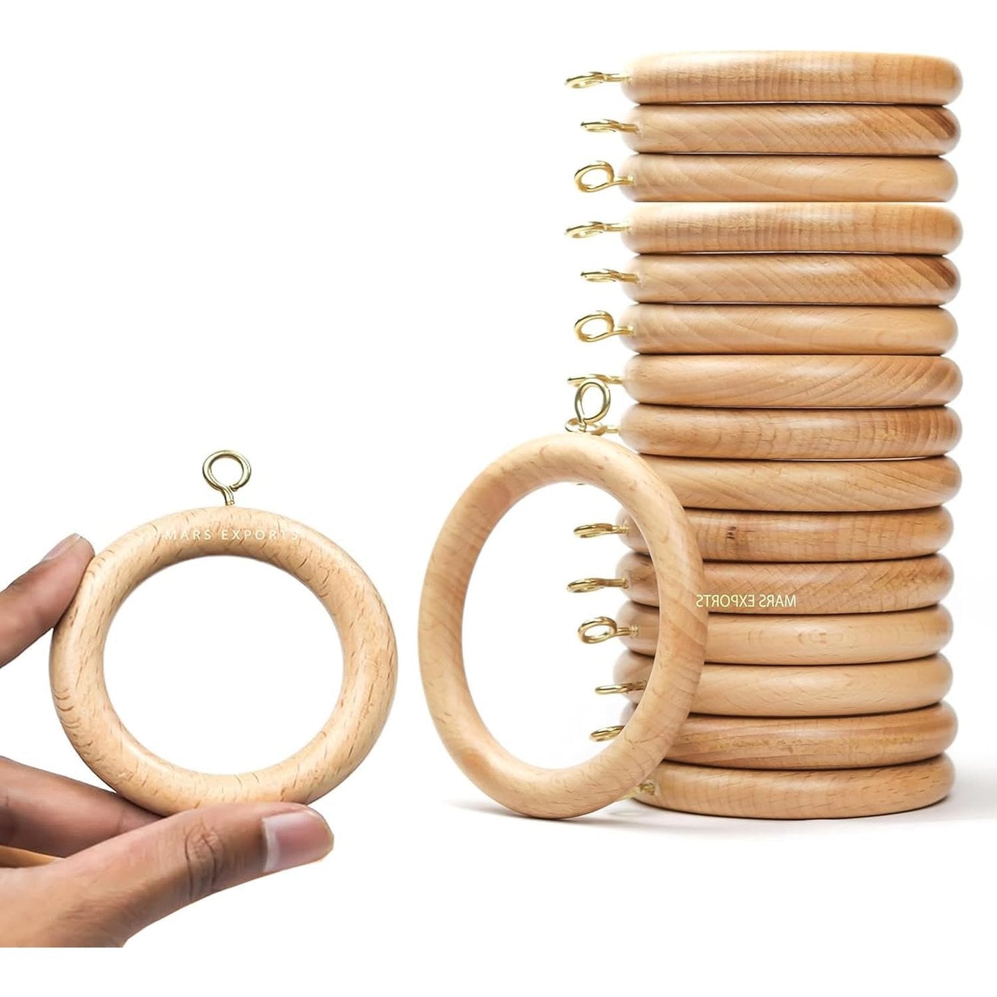 136064 - PREMIUM - Unaza Perdesh prej Druri për Dekorim Derë dhe Dritare, Seti prej 20 Copë, Diametri i Brendshëm 4.4 cm, Diametri i Jashtëm 6.3 cm, Materiali: Dru Ahu