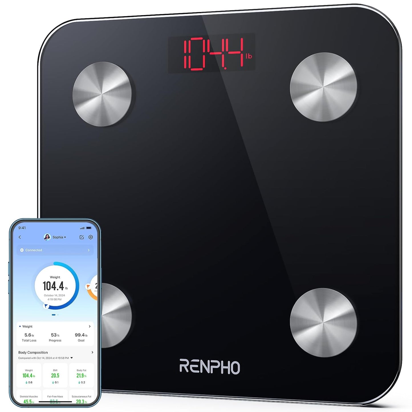 316642 - RENPHO Peshore Dixhitale Banjoje, 180 kg, Bluetooth, 13 Pika të Dhënash Trupi