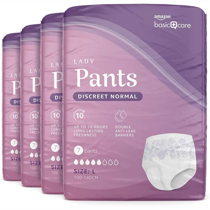 294083 - AMAZON BASIC CARE Peceta thithëse për femra, Madhësia L, pa aromë, të bardha, 28 copë, 4 pako me nga 7.