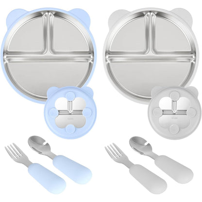 197706 - PJATA PËR FËMIJË PREJ ÇELIKU INOX me 2 pjesë gjase dhe lugë, pako me 2 lugë dhe pirunë, pjata për fëmijë prej silikoni me 4 gota thithëse, pjata të ndara me mbështjellës silikoni të lëvizshëm, vazhdimisht pa BPA dhe të sigurta për lavastovilje.