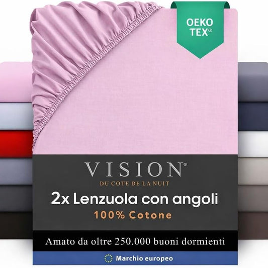 206034 - VISION - Çarçaf i montuar për Krevat Tek - 2 Pako, 100% Pambuk, Madhësi 90x200 cm, Rozë, Me Qoshe Elastike, Endje 57 Fije, Përshtatshëm për Dyshekë deri në 30 cm Trashësi, i Certifikuar nga Oeko-Tex