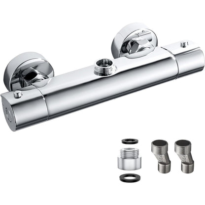 288624 - PRIZË Sipërme për Mikser Dushi Termostatik 3/4" BSP, Valvul Mikser Dushi Termostatik prej Tunxhi 38°C Kundër Djegies, me Adaptor Tubi 3/4" BSP në 1/2" BSP, Rubinet Mikser Dushi me Ujë të Nxehtë dhe të Ftohtë, Krom