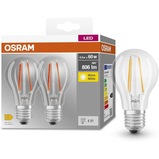 186821 - OSRAM Llambë LED BASE CLASSIC A FIL 60, Bazë E27, Formë Klasike,  6.5W, 806lm, 2700K, Dritë e Bardhë e Ngrohtë, Prodhim i Ulët Nxehtësie, Jetëgjatësi e Gjatë, Konsum i Ulët Energjie