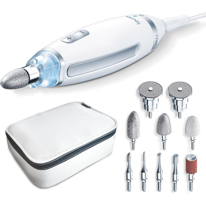289587 - BEURER Set Manikyr/Pedikyr MP 62, limë elektrike për thonj me 10 aksesorë, dritë LED, kontroll shpejtësie, çantë ruajtjeje, e bardhë