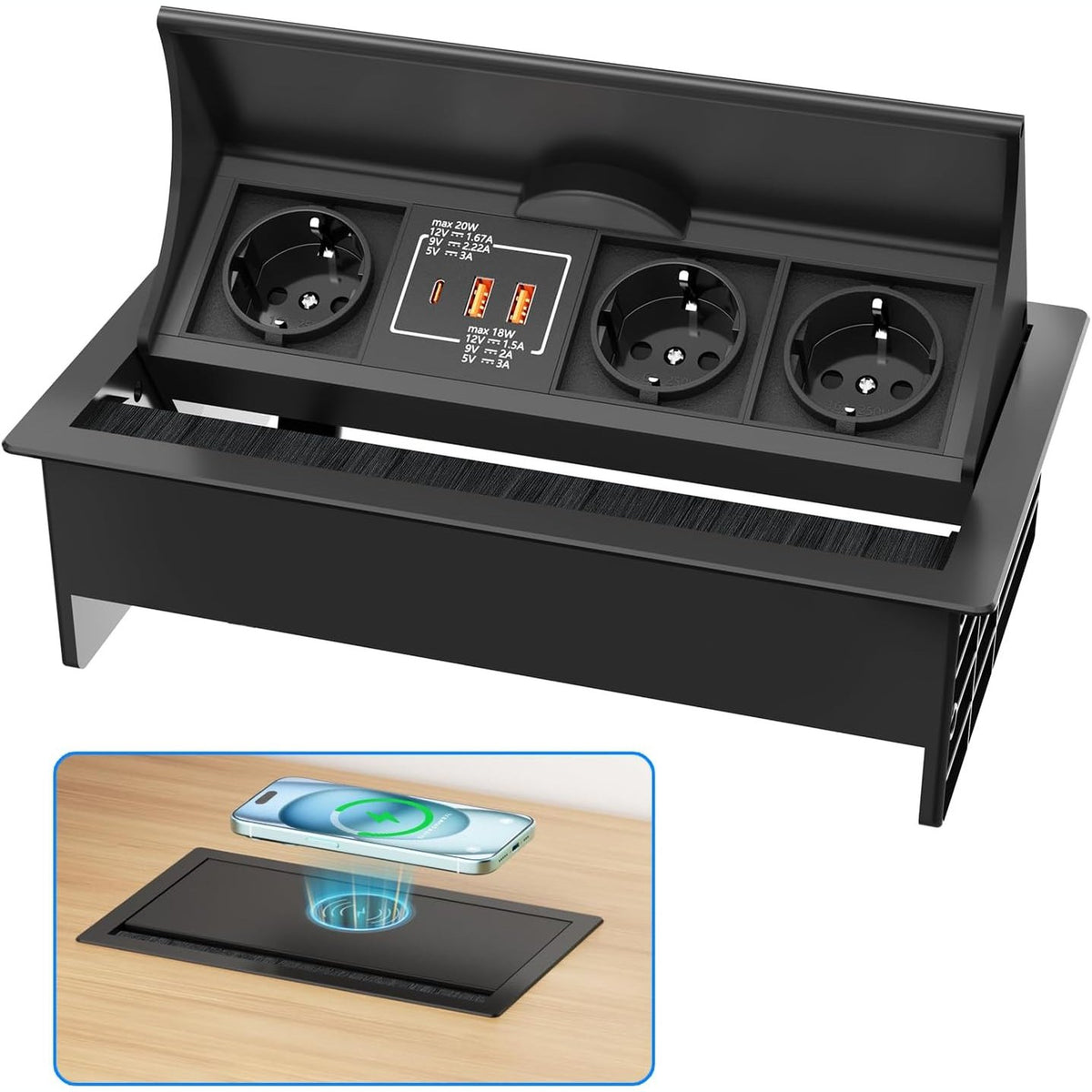 295120 - OHUO Shirit rryme i tërheqshëm 3-kahësh me USB-C PD 20W, shirit rryme i futur me karikim pa tel 15W, porta USB-C dhe 2 porta USB-A, i zi, kabllo 2m
