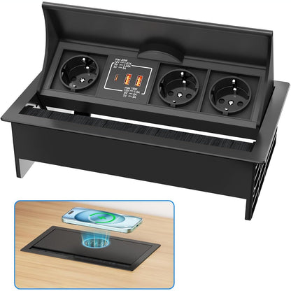 295120 - OHUO Shirit rryme i tërheqshëm 3-kahësh me USB-C PD 20W, shirit rryme i futur me karikim pa tel 15W, porta USB-C dhe 2 porta USB-A, i zi, kabllo 2m