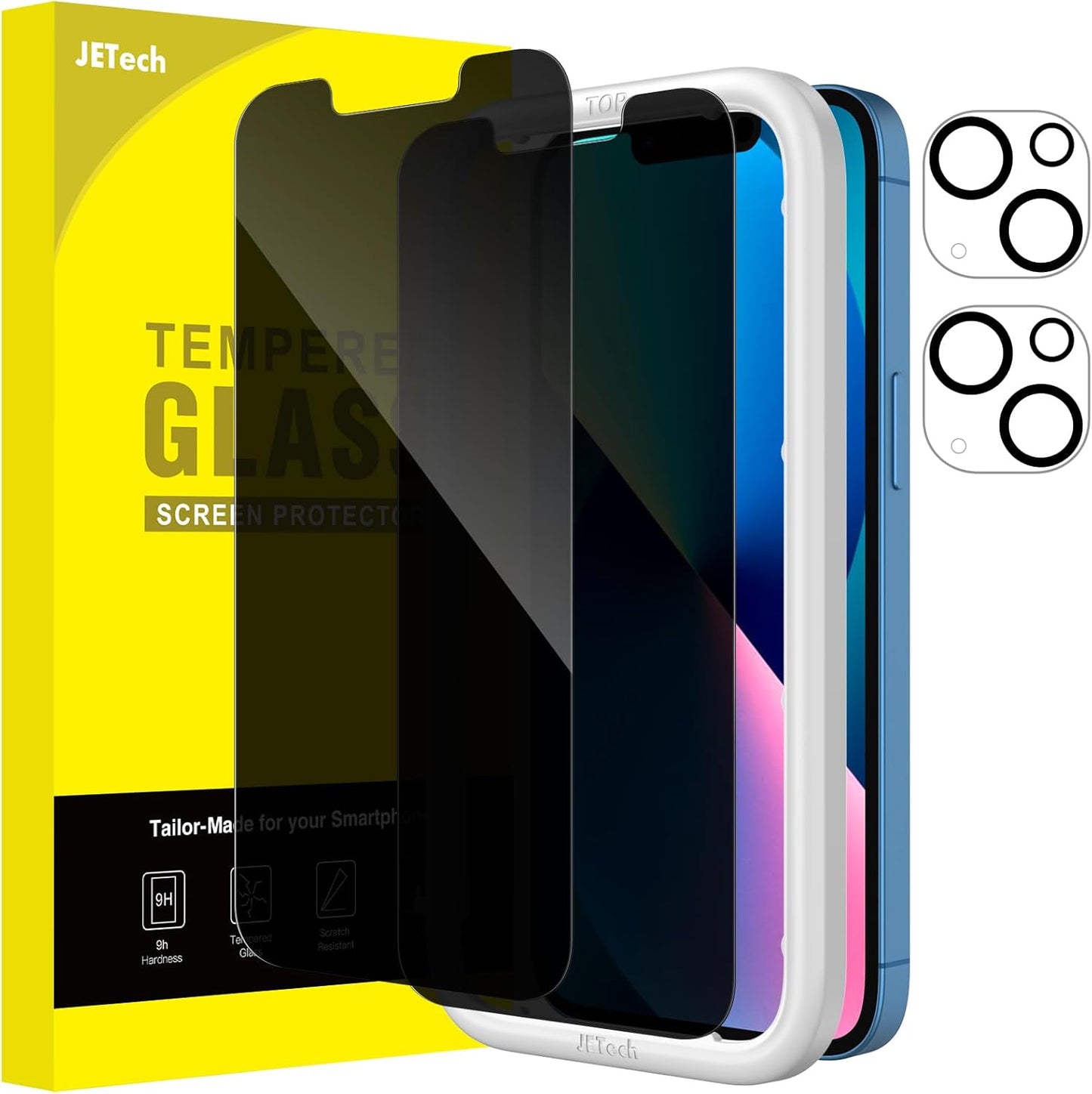 190102 - JETech Mbrojtës Ekrani për Privatësi për iPhone 13 6.1 inç, me Mbrojtje nga Kamera, Xham i Temperuar Anti-Spy, Set i Lehtë për Instalim, 2 copë