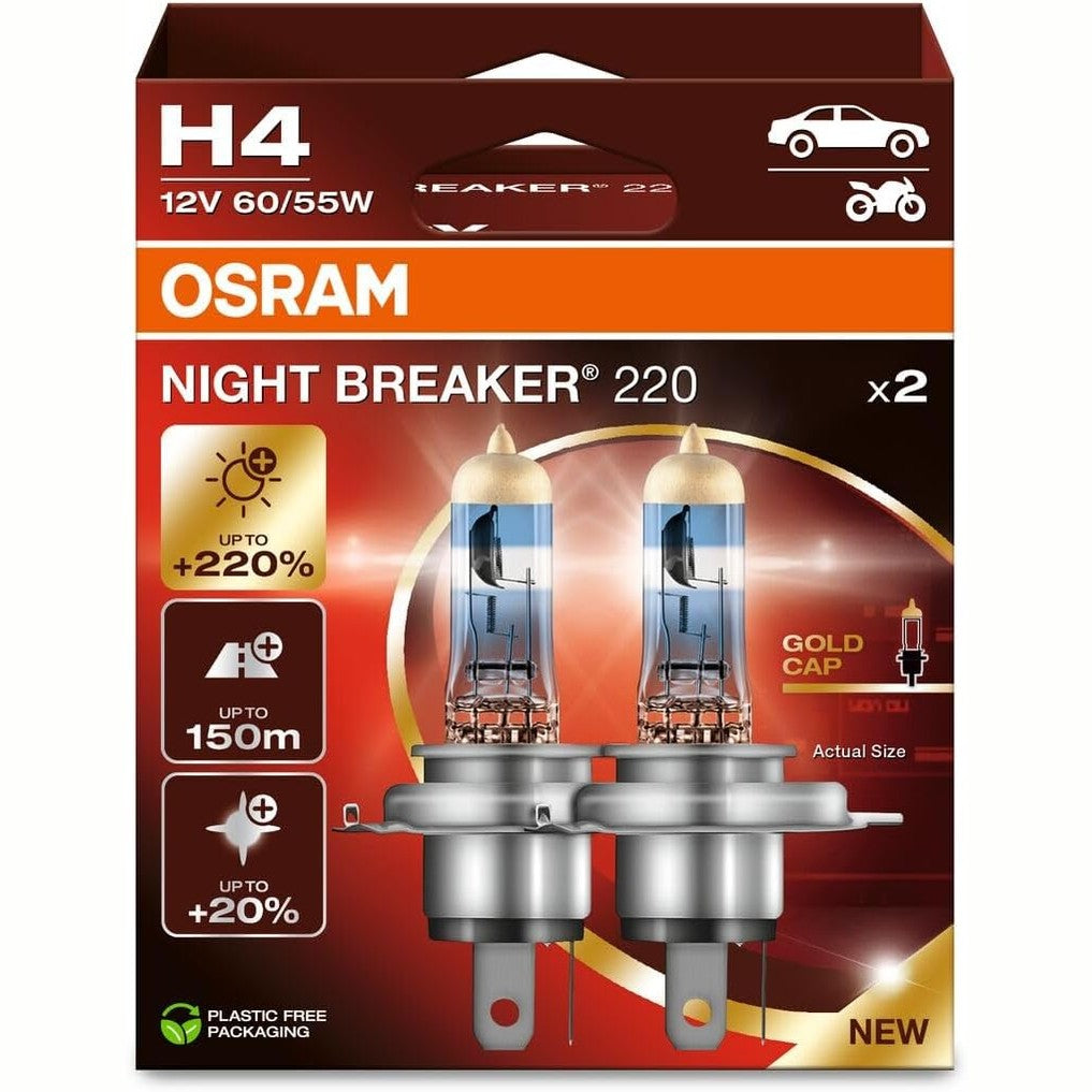 322436 - OSRAM NIGHT BREAKER 220, H4, 64193NB220-2HB, llambë halogjene, +220% shkëlqim, kuti e palosshme (2 llamba)
