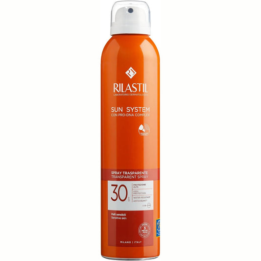 312011 - RILASTIL - Sun System Transparent, Sprej Transparent për Trupin, SPF 30, Pako 200ml, Veprim Antioksidant, Teksturë Ultra e Lehtë
