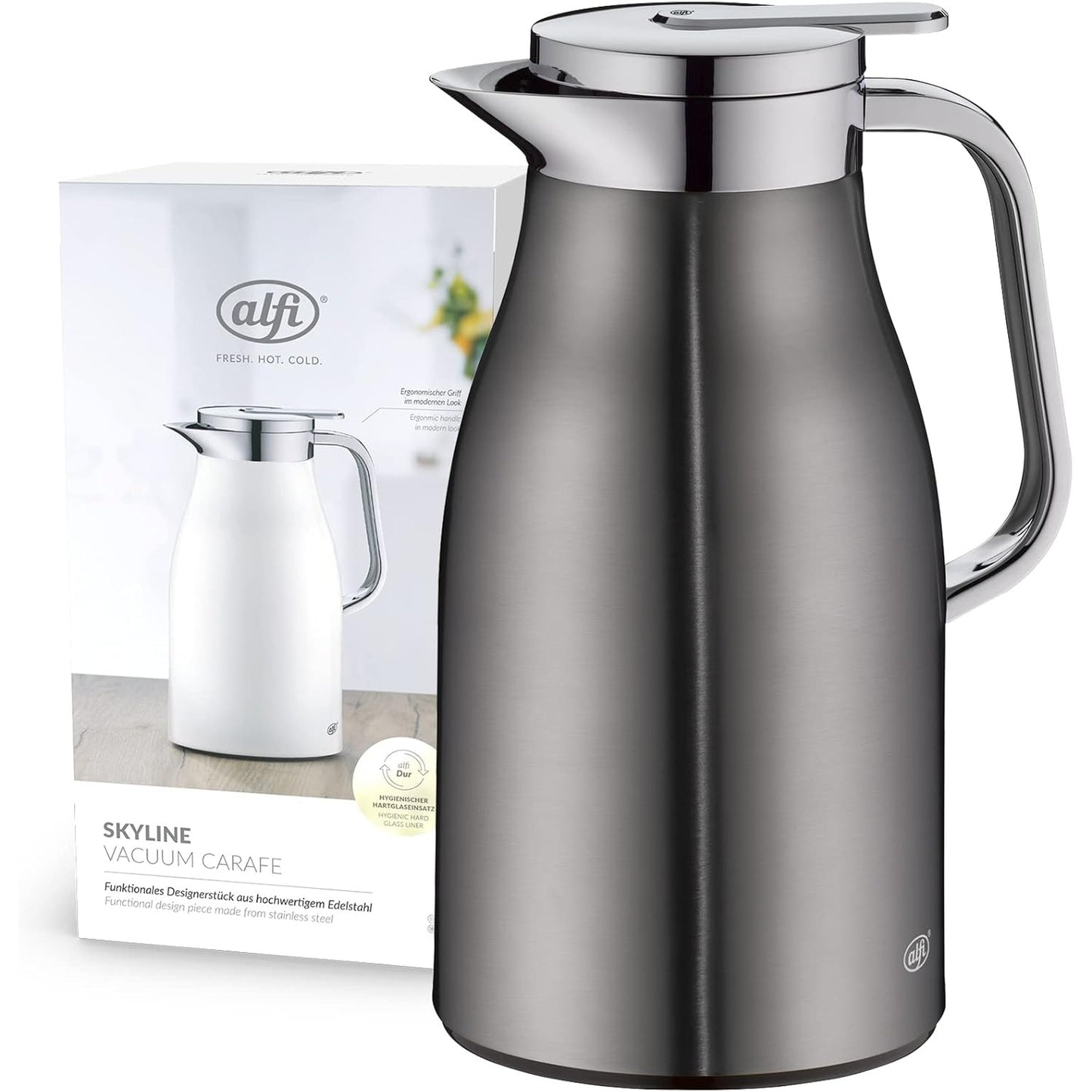 239721 - ALFI SKYLINE 1.0l, xhins i errët mat, balonë vakumi prej çeliku inox me shtresë qelqi të temperuar higjienike, kapak me mbyllje rrotulluese me buton të përshtatshëm shtypjeje, dorezë ergonomike, përdorim me një dorë
