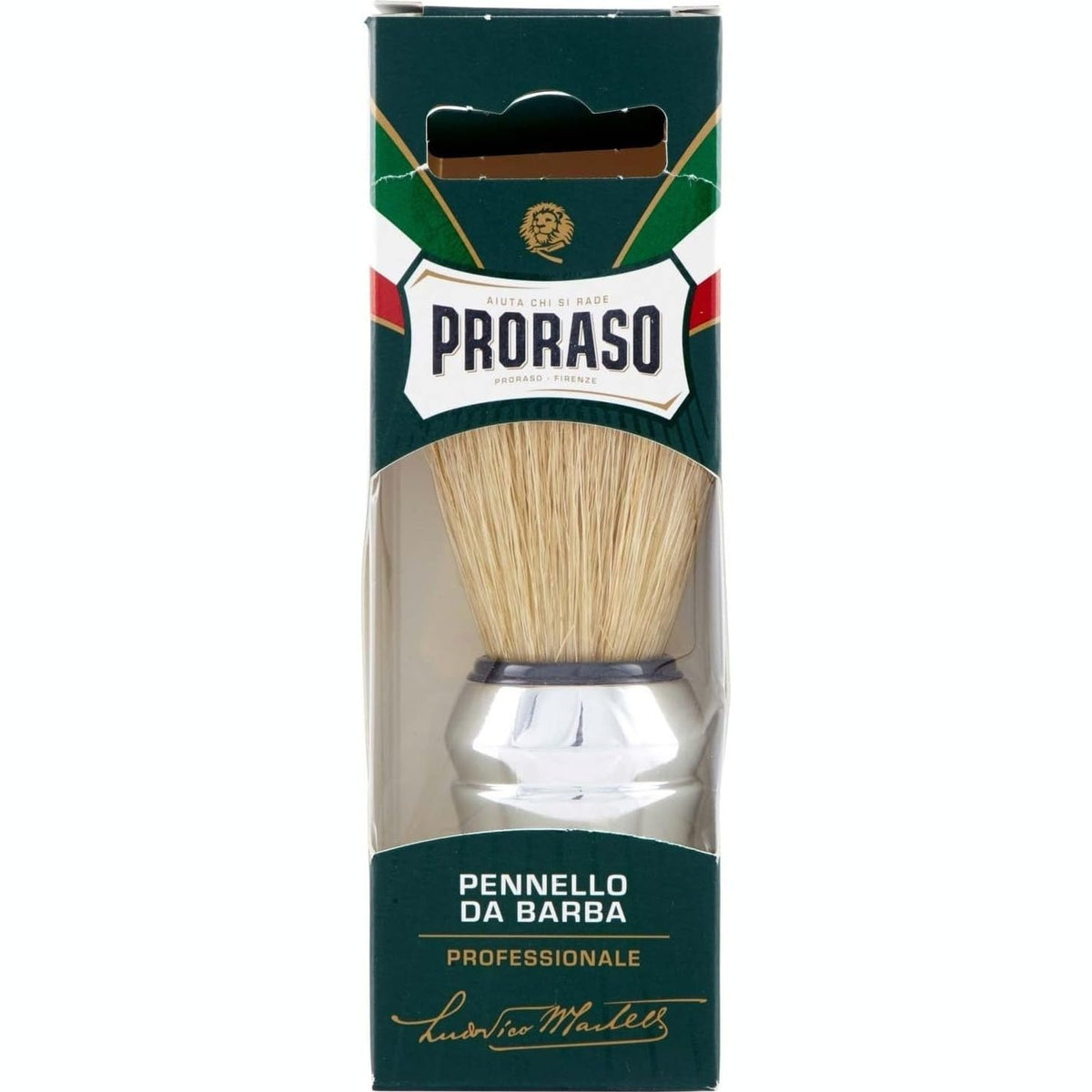 303791 - PRORASO Furçë rroje profesionale me fije natyrale dhe dorezë plastike të kromuar, për përdorim me kremin e rrojës, Prodhuar në Itali