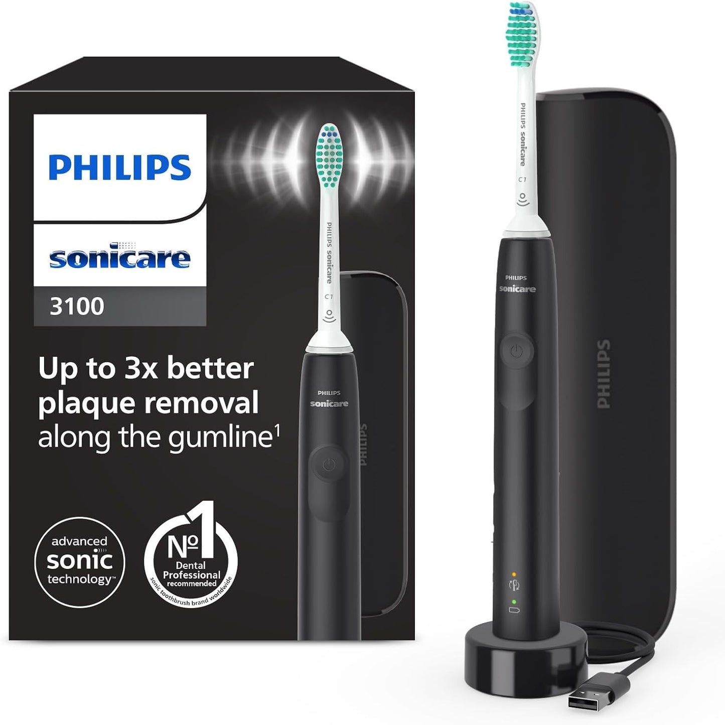 289678 - PHILIPS Furçë dhëmbësh elektrike sonike 3100, sensor presioni dhe kohëmatës, çantë udhëtimi, e zezë, HX3673/14