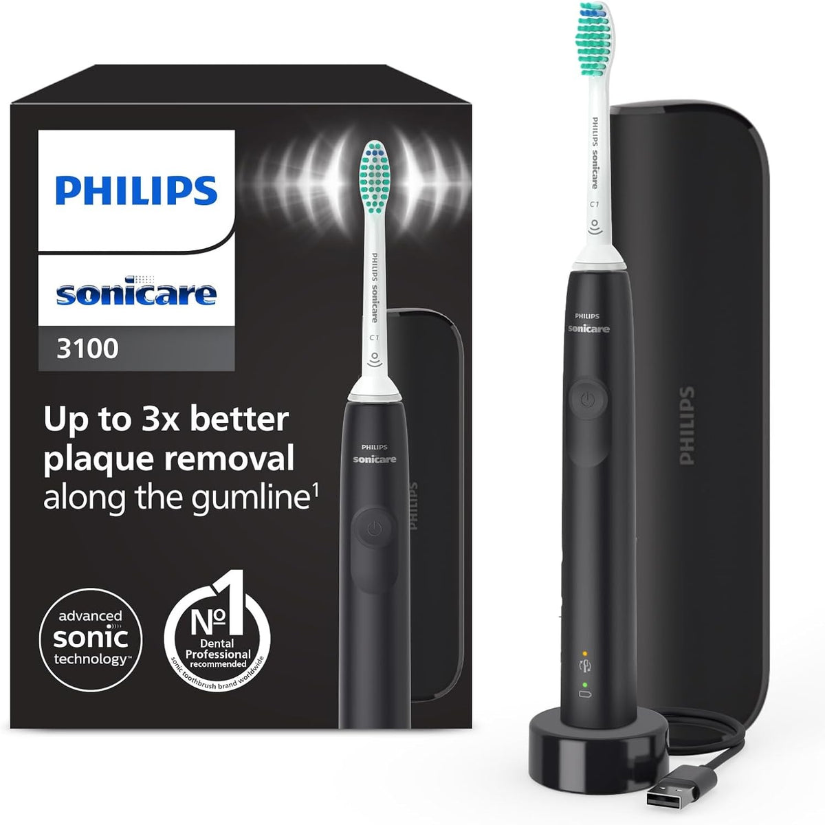 307324 - PHILIPS Furçë dhëmbësh elektrike sonike Sonicare 3100, sensor presioni dhe kohëmatës, çantë udhëtimi, e zezë, HX3673/14