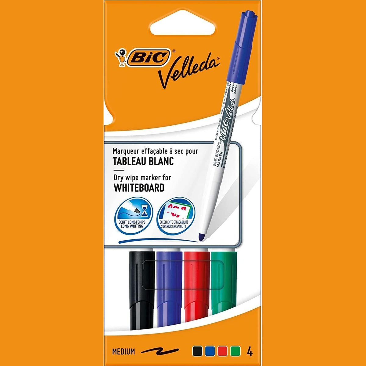 309379 - BIC Shënues për tabelë të bardhë Velleda 1741 me fshirje të thatë, majë konike mesatare - Ngjyra të ndryshme, pako me 4 copë