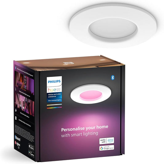 221100 - PHILIPS HUE Dritë e hollë inteligjente e fshehur, 90 mm, dritë e bardhë dhe me ngjyra, Bluetooth, kontroll zanor me Alexa, Apple Home dhe Google Assistant, 1 pako
